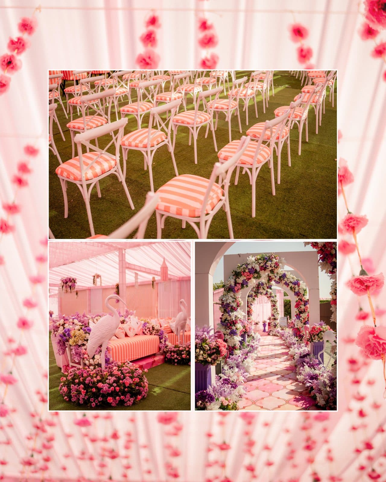 A collage of pink wedding decor, striped chairs, and a floral archway