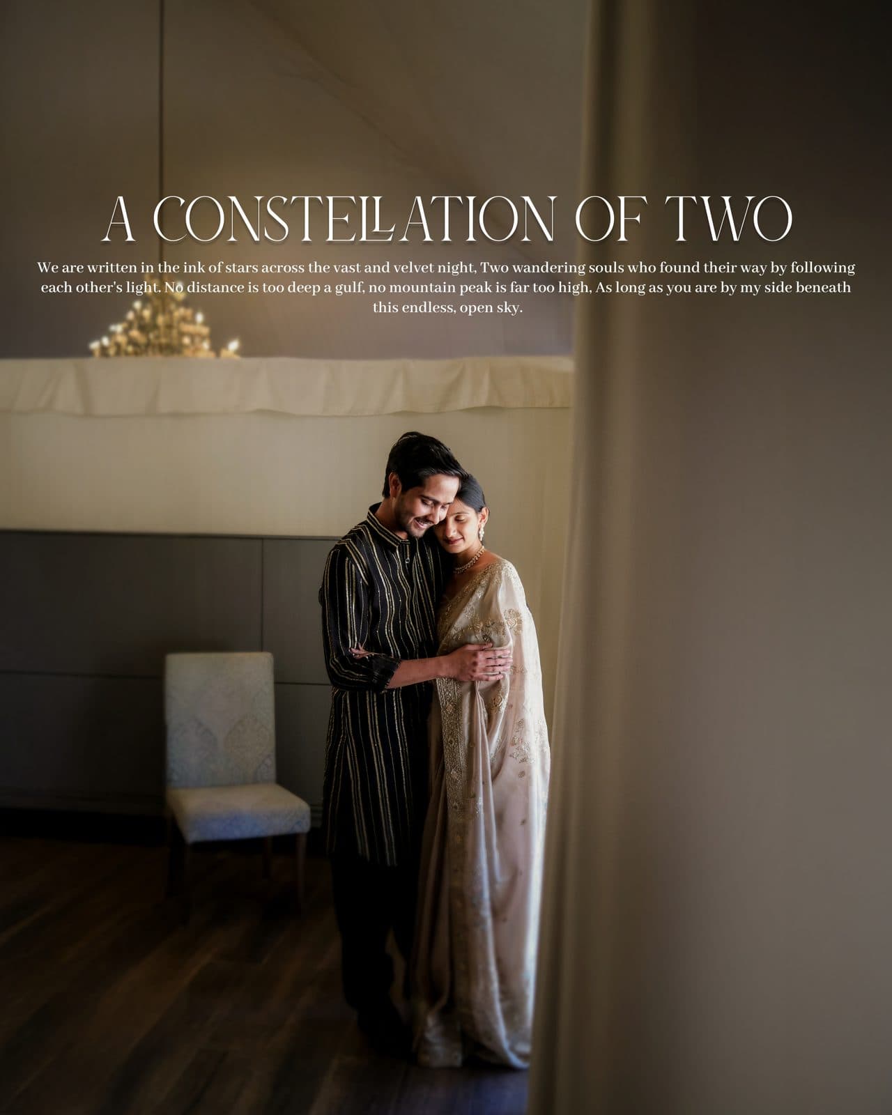 A couple embracing indoors under the words A Constellation of Two