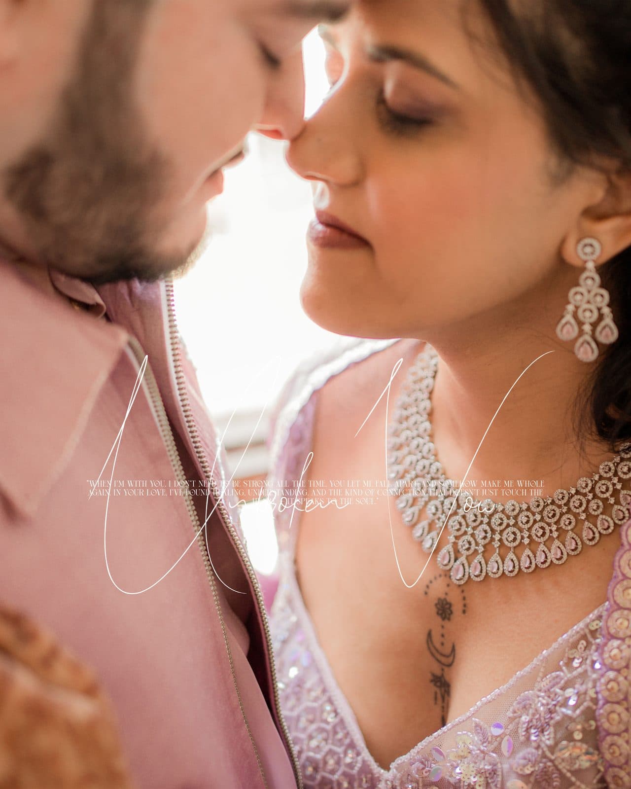 A close-up of a bride and groom nose to nose with bridal jewelry
