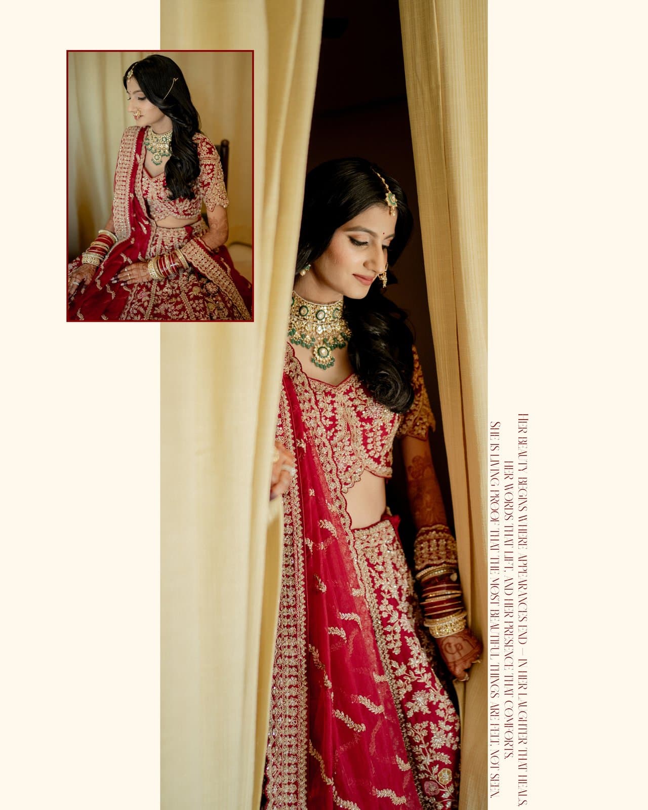 Bride in a red saree walking through a palace archway